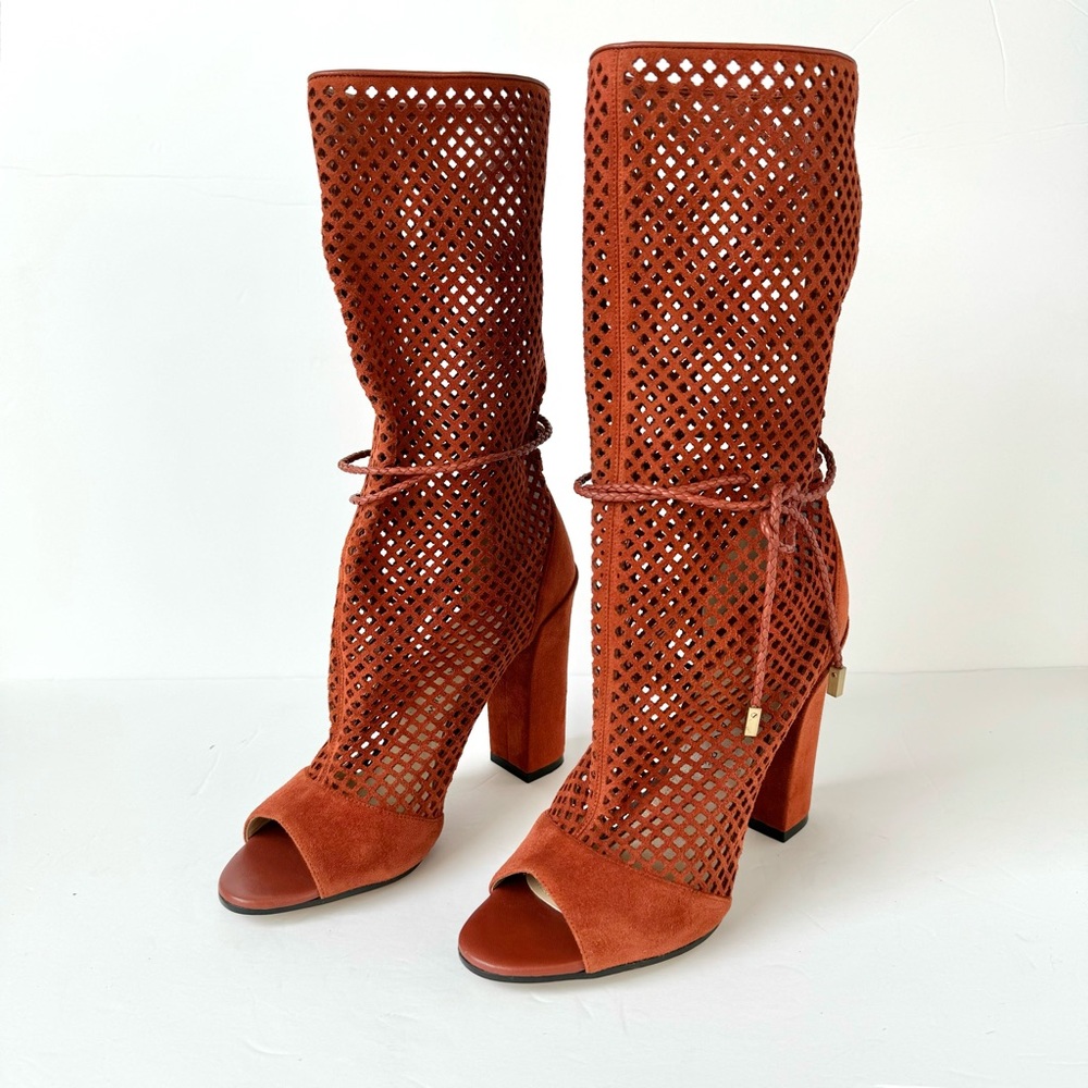 Paul Andrew Amirah Perforated Peep Toe Mid Calf Block Heel Boots in Spice Sz 37